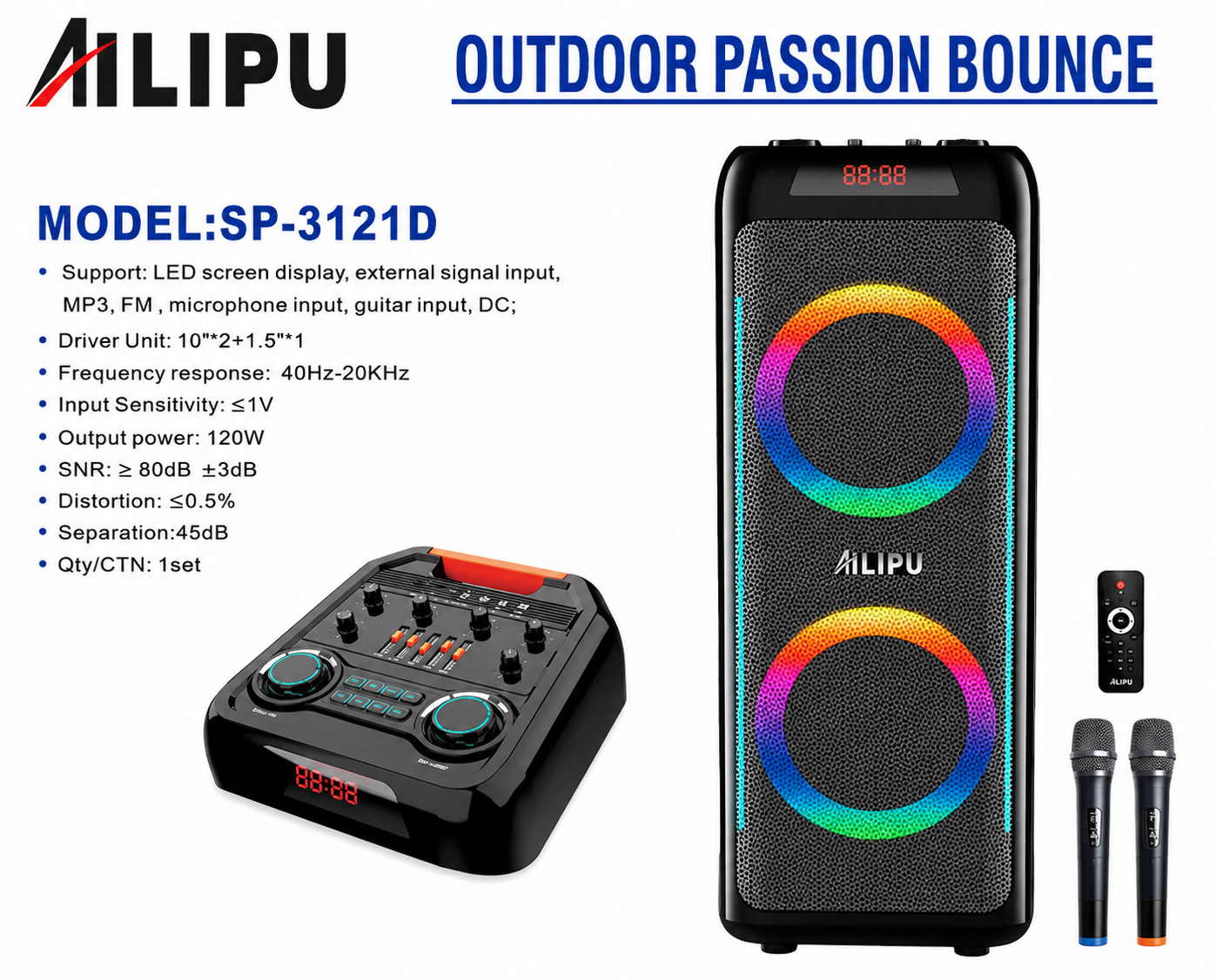 AILIPU 120W Rechargeable Dual 10-Inch Bluetooth Party Speaker with Two Microphones – SP-3121D