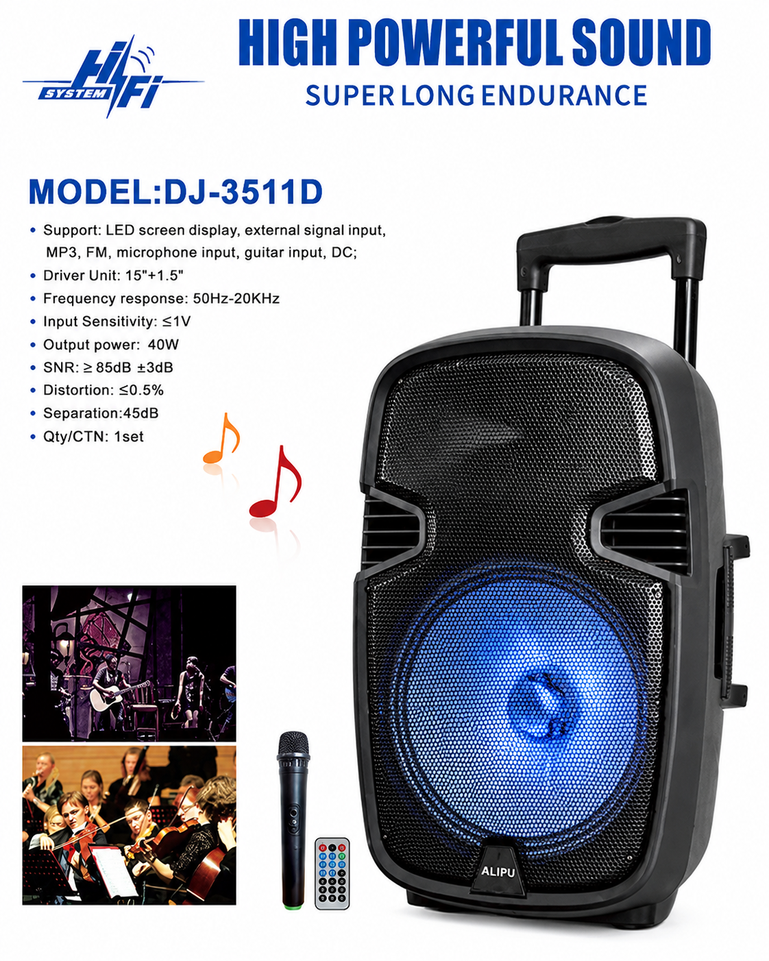 AILIPU 15-Inch 40W Rechargeable Portable Speaker with Microphone, FM, MP3 and Trolley Handle – DJ-3511D