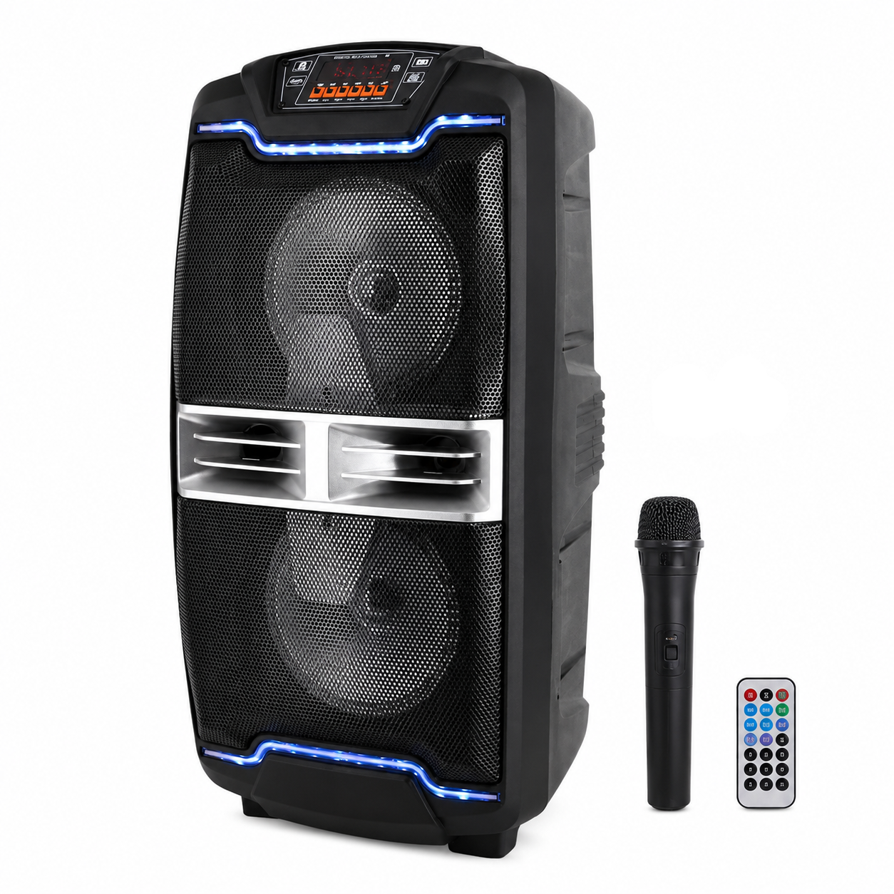 AILIPU Rechargeable Dual-Driver Party Speaker with LED Lights, Microphone and Remote – 3820