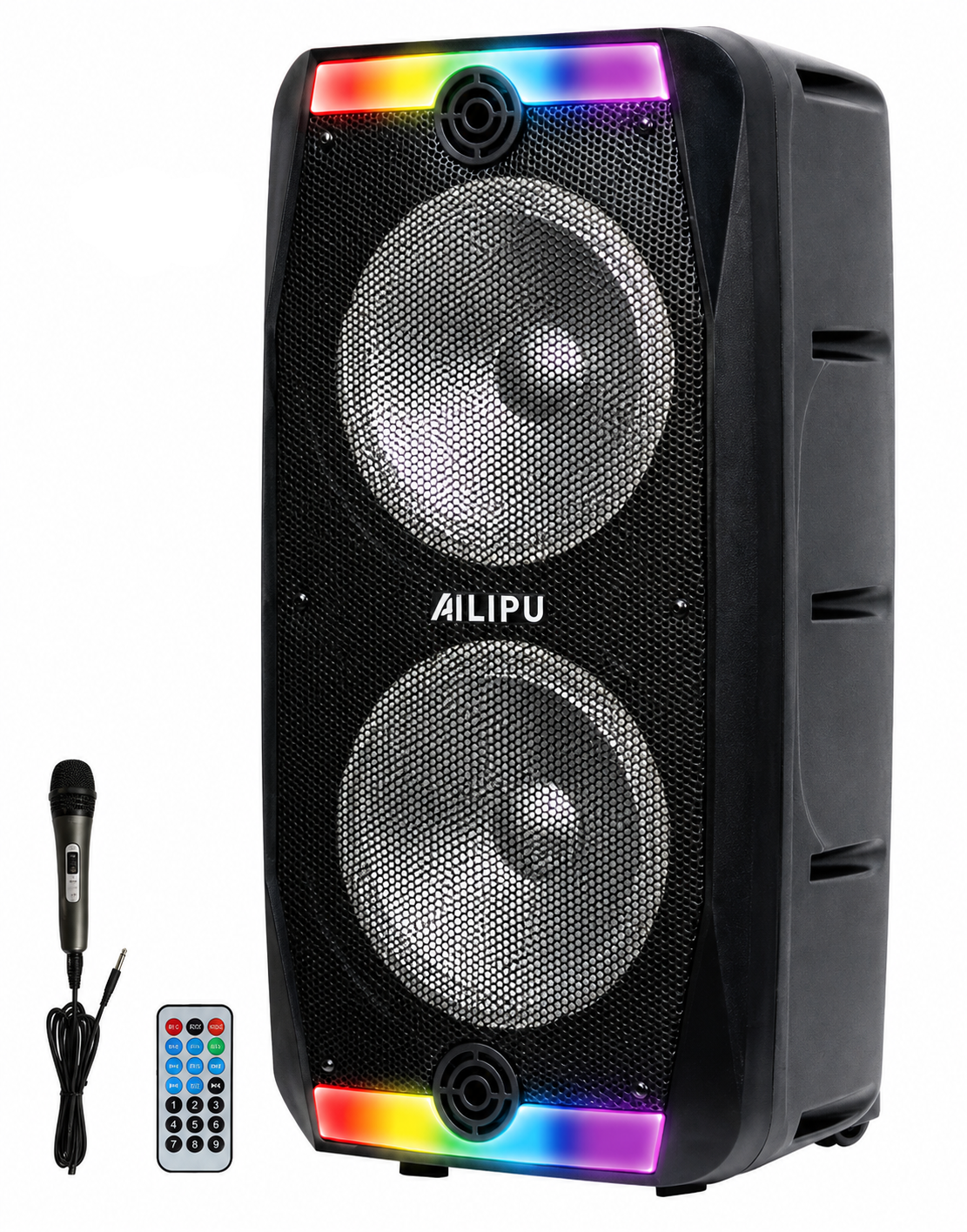 AILIPU Rechargeable Dual-Driver Party Speaker with RGB Lights, Wired Microphone and Remote – 3821