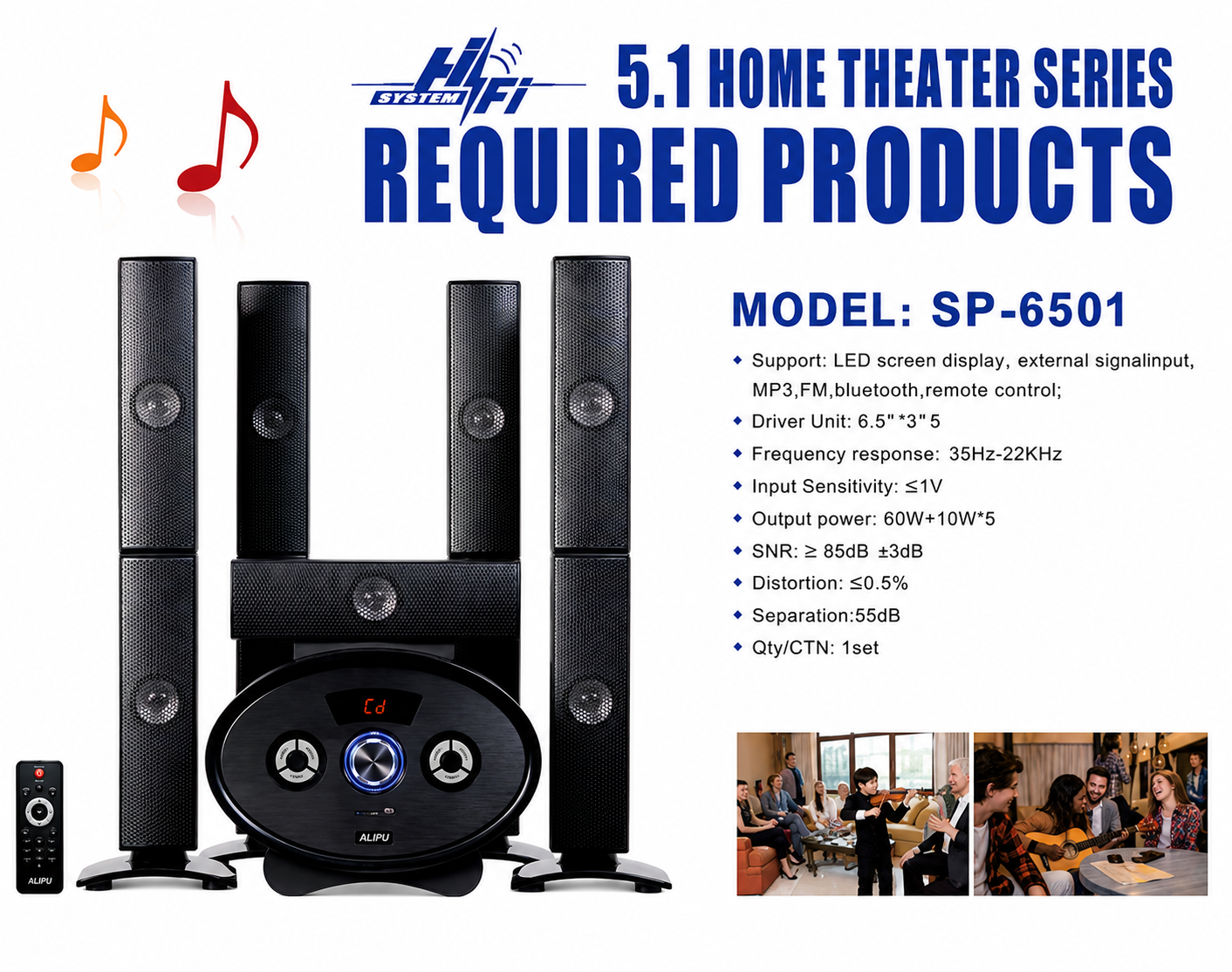 AILIPU 5.1 Channel Bluetooth Home Theater Speaker System with FM, MP3 and Remote – SP-6501