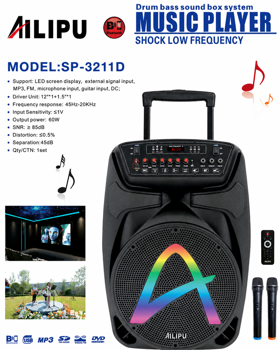AILIPU 12-Inch 60W Rechargeable Bluetooth Party Speaker with Dual Microphones – SP-3211D