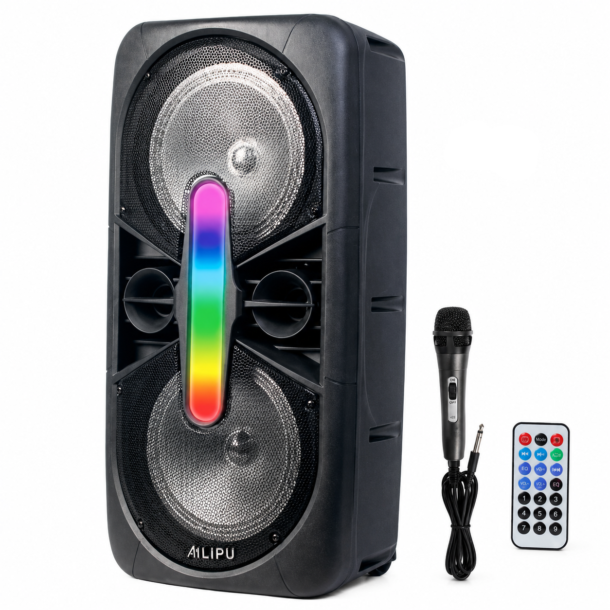AILIPU Rechargeable Dual-Driver Party Speaker with RGB Lighting, Wired Microphone and Remote – 3822