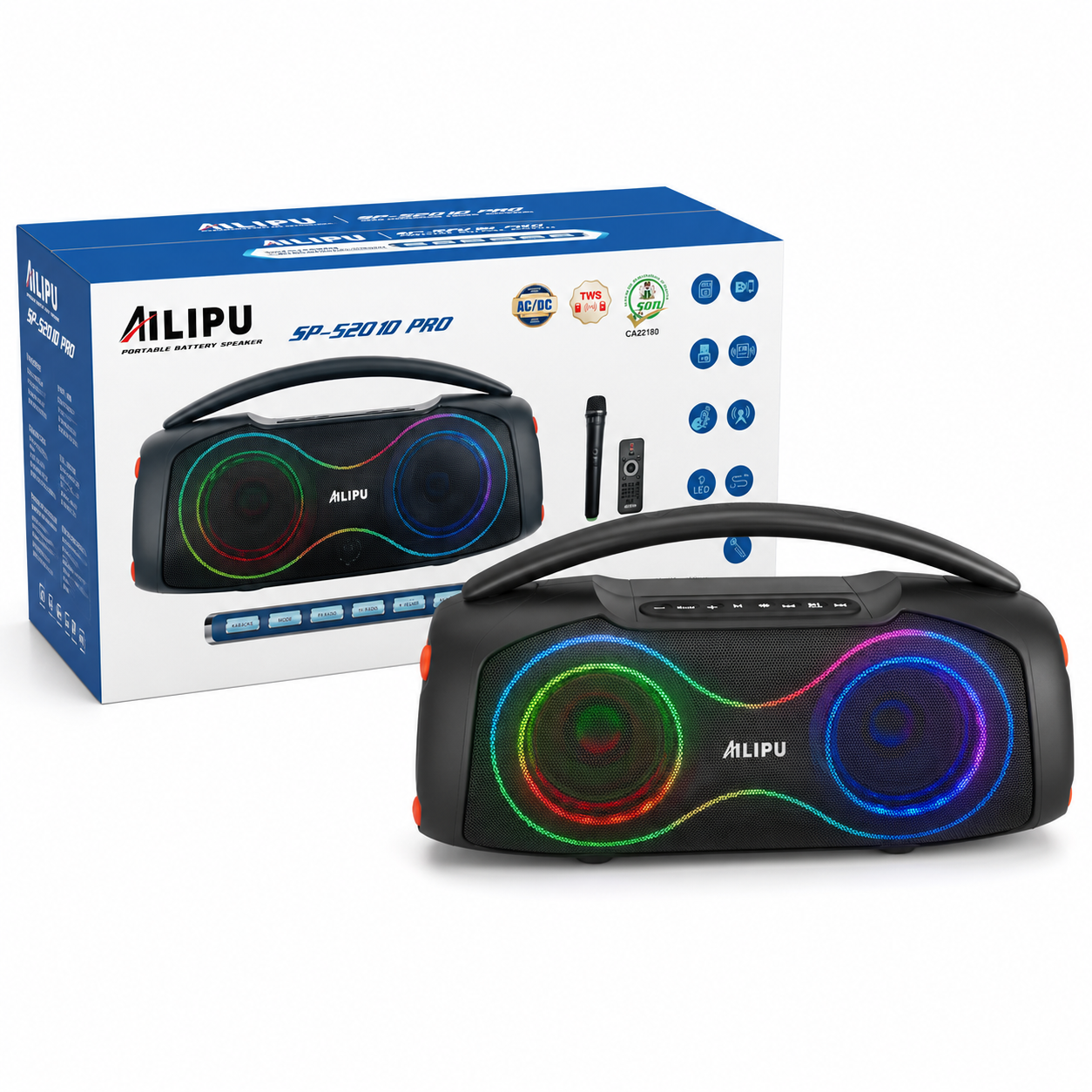 AILIPU Rechargeable Bluetooth Boombox Speaker with TWS, RGB Lights and Carry Handle – SP-52010 PRO