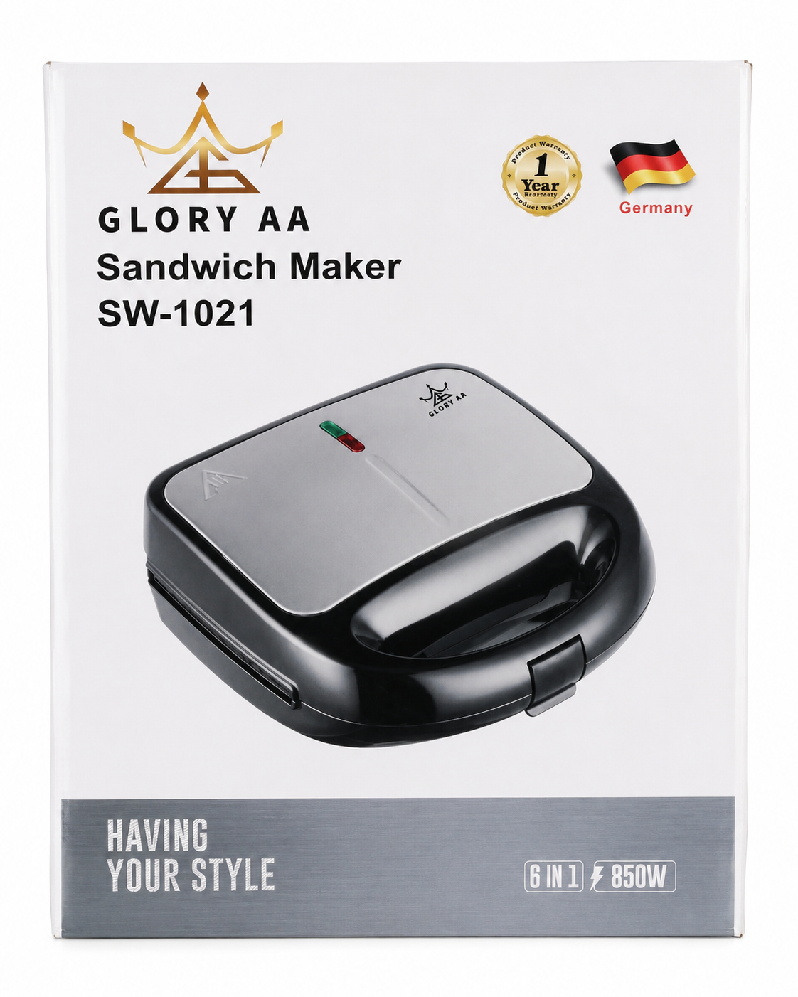 Glory AA 850W 6-in-1 Sandwich Maker with Indicator Lights – SW-1021
